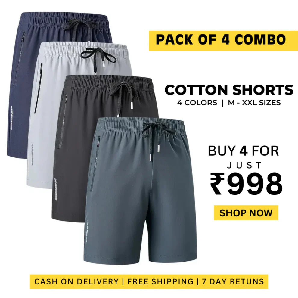 Combo of 4 Men's Stretchable Cotton Shorts for summers ☀️(₹225/piece)