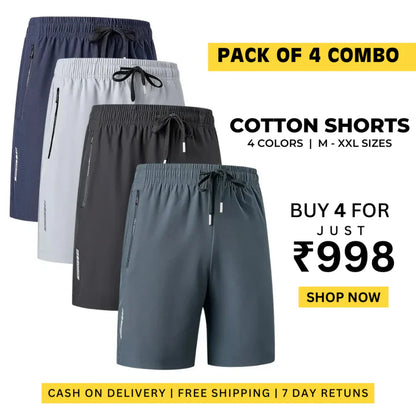 Combo of 4 Men's Stretchable Cotton Shorts for summers ☀️(₹225/piece)